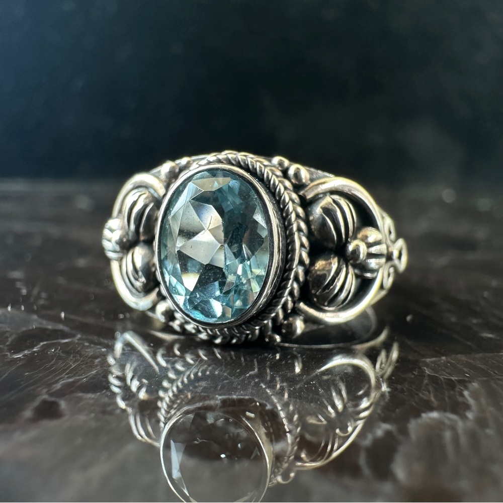 Beautiful Vintage 925 BA Bali Sterling Silver Blue Aquamarine Floral Ring Sz 9